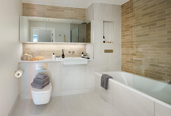 Bathroom with shower over bath, wash basin with cabinet mirror and shelving.