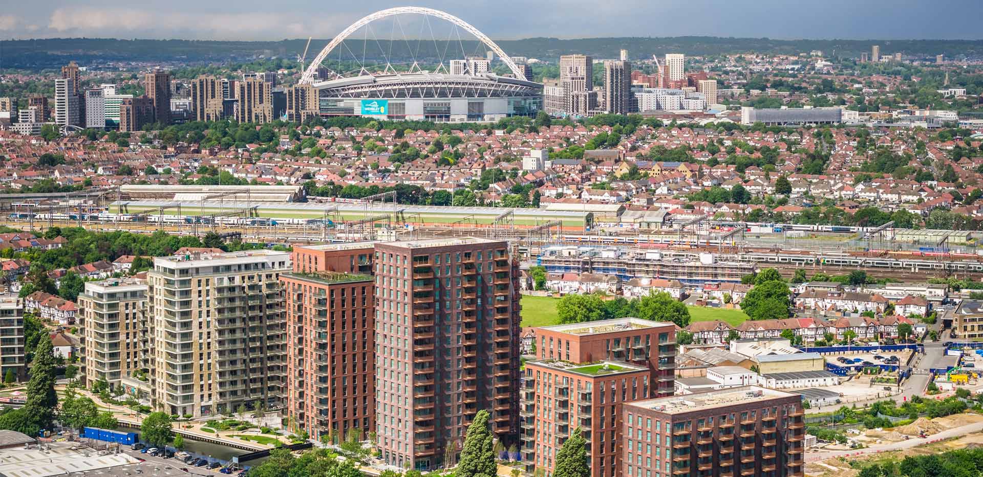 An aerial drone photo of Grand Union with a view of Wembley Stadium