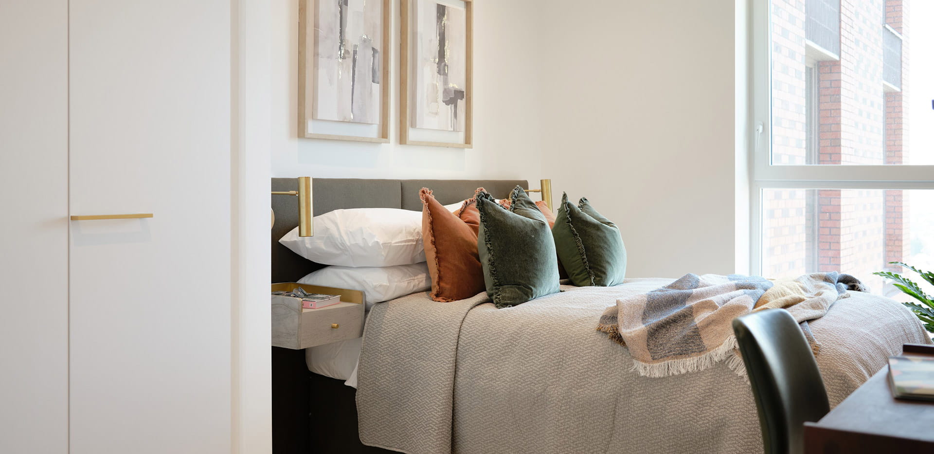 Waterview House bedroom with a neutral design overlooking Wembley