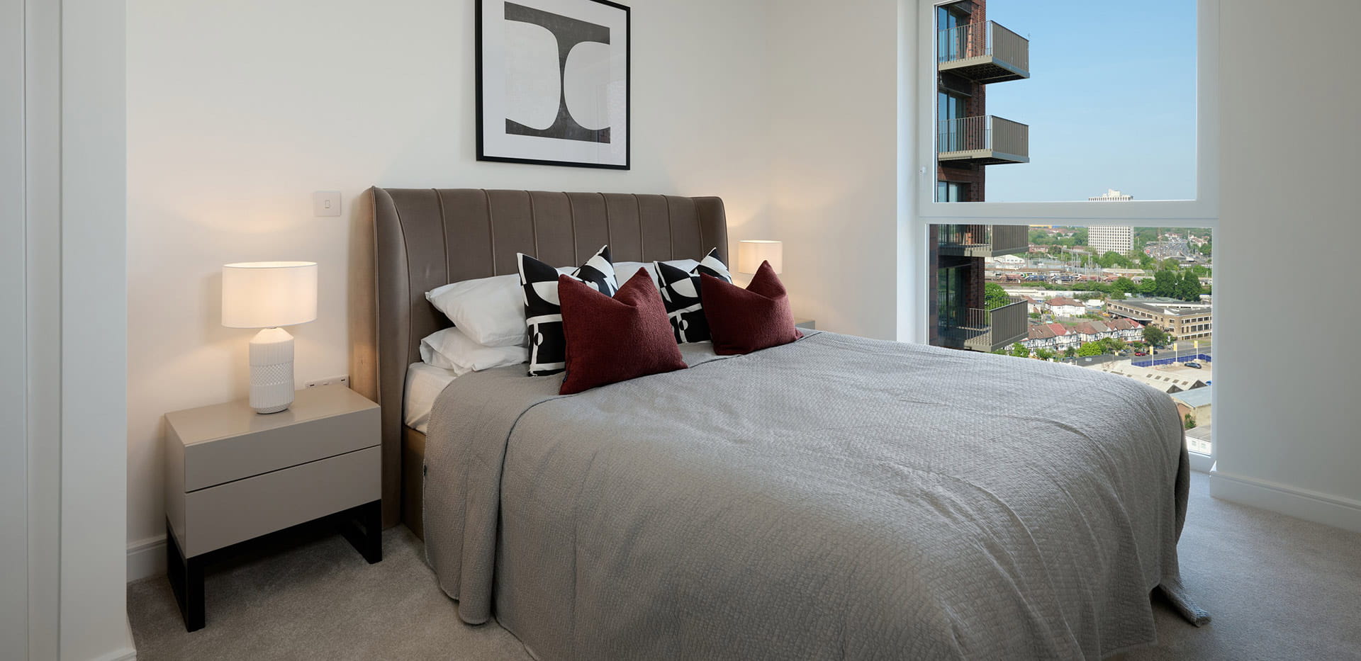 Waterview House bedroom with a neutral design overlooking Wembley