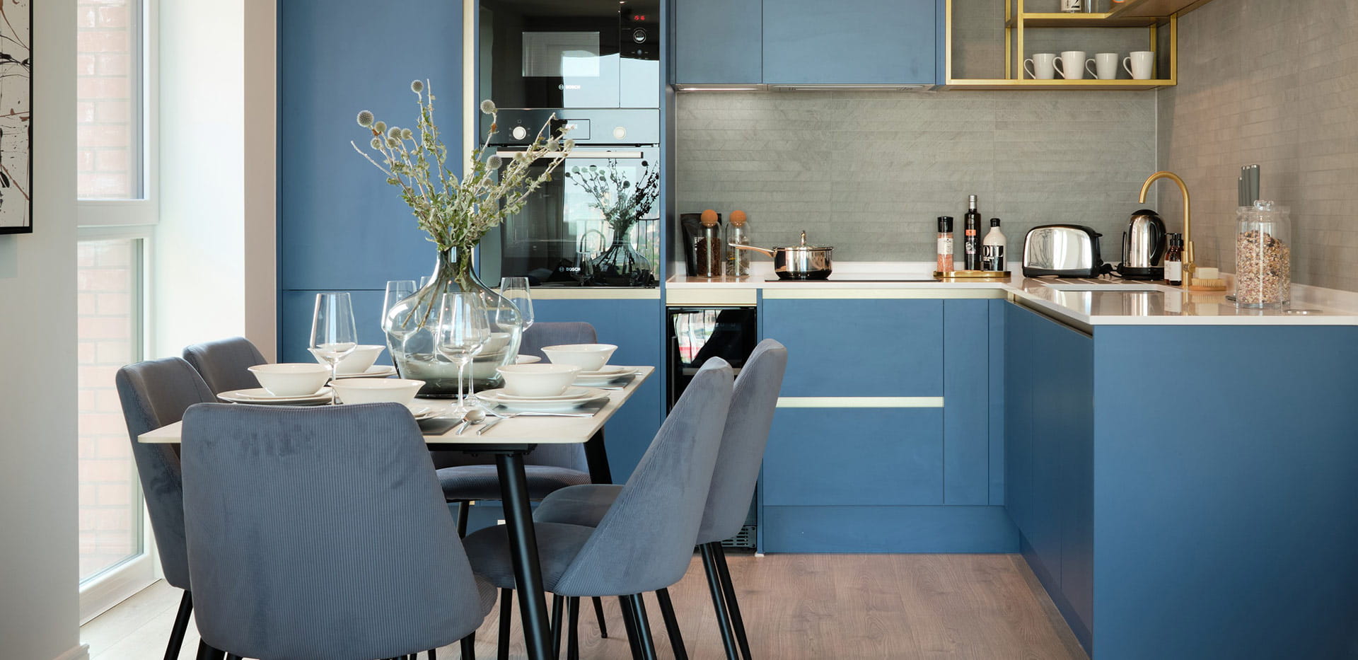Waterview House kitchen with a deep, blue design