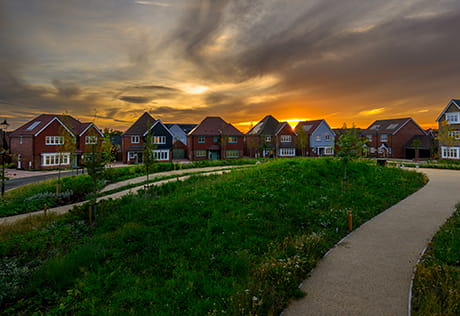 Hareshill development exterior in the evening