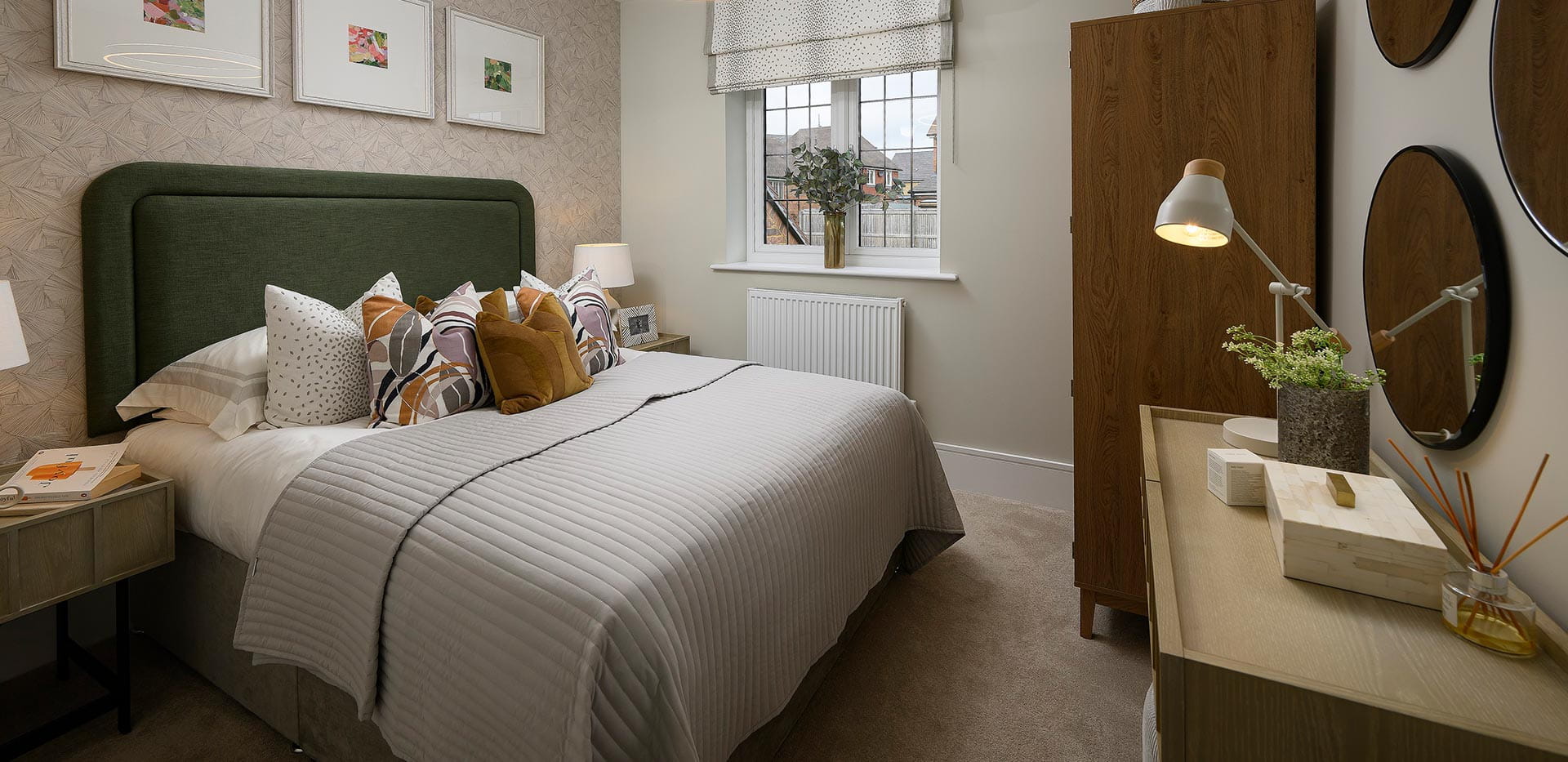 An interior Bedroom image with a green headboard