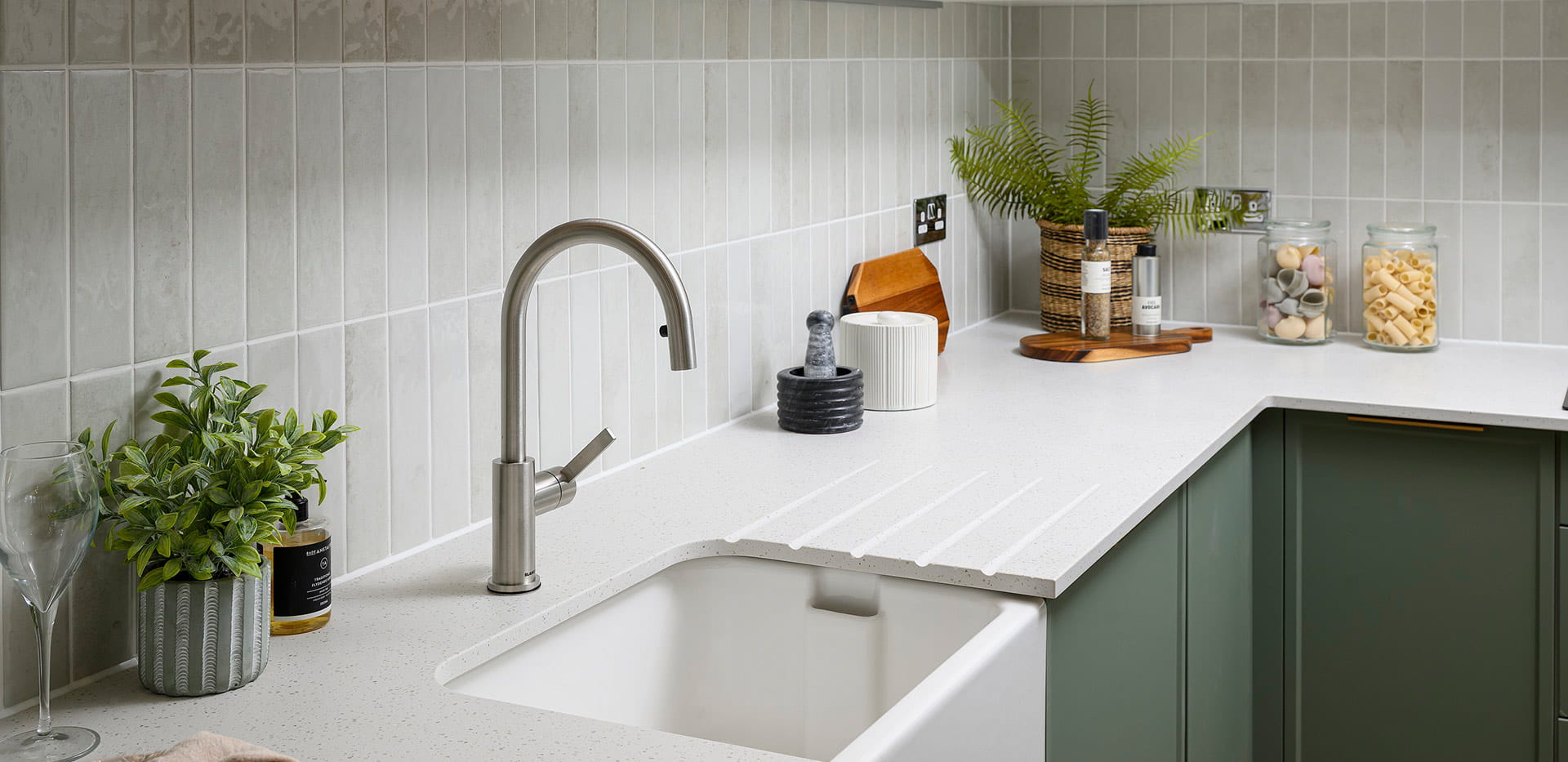 An interior Kitchen close up of the sink and work surface