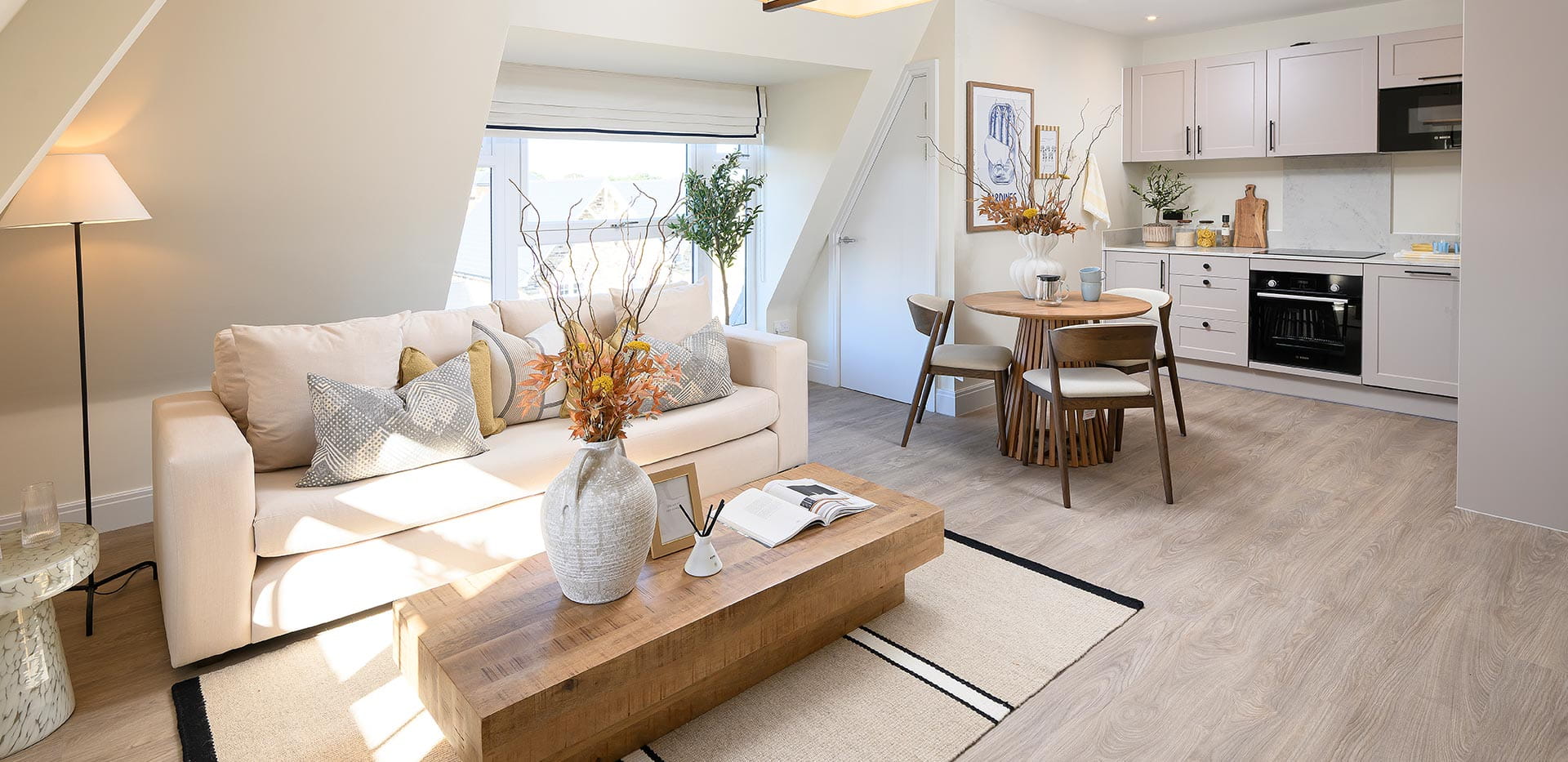 An interior image of a Kitchen / Dining / Living Area from the 1 Bedroom Showhome