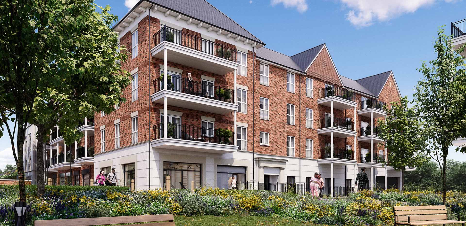 An exterior CGI of Camellia Court at Hartland Village