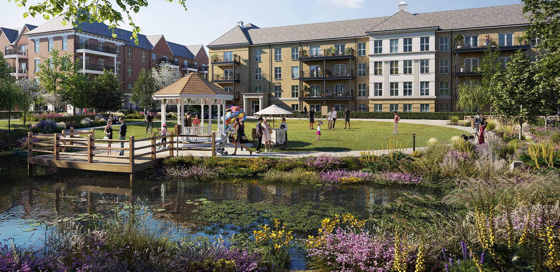 An exterior CGI showing the forthcoming Village Centre area at Hartland Village