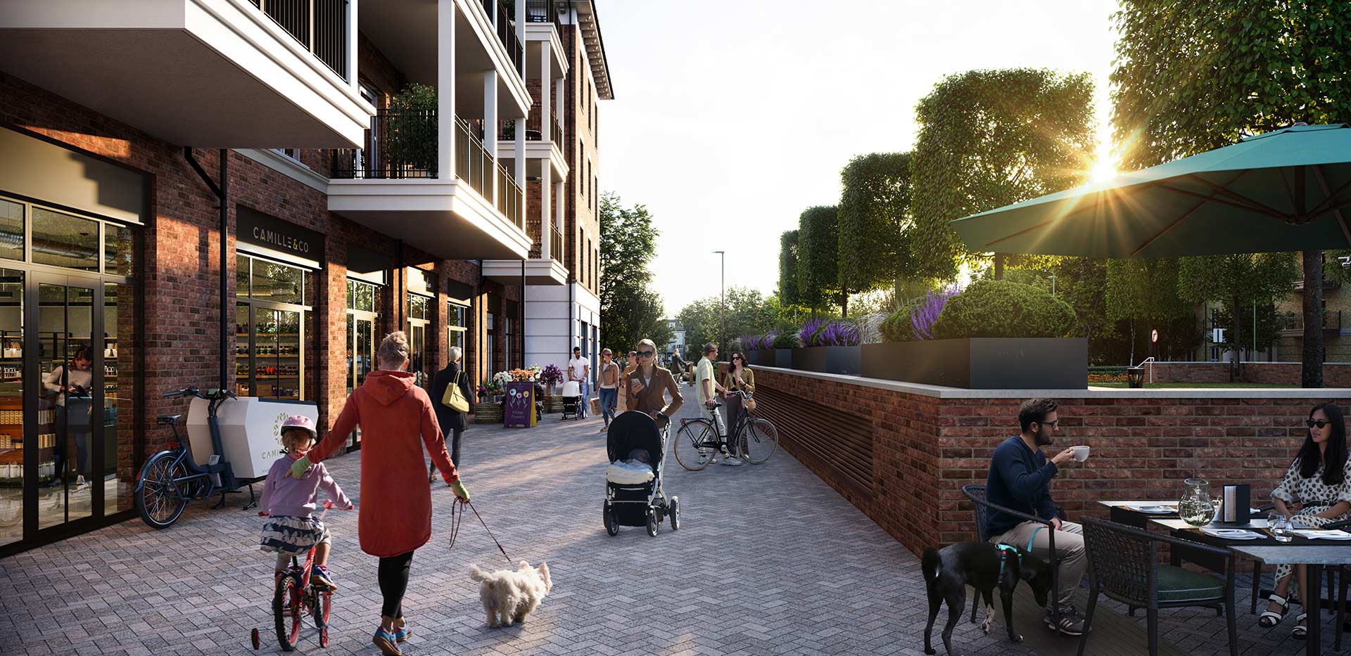 A CGI of people walking around the village centre at Hartland Village