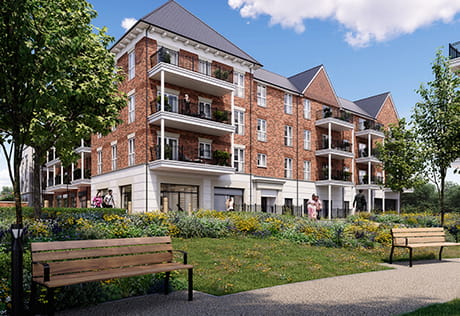 An exterior CGI image of Camellia Court at Hartland Village