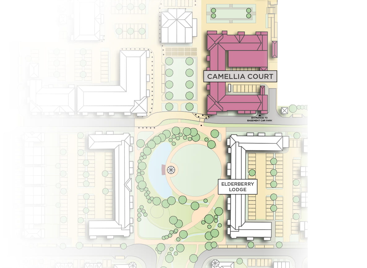 An illustration of the Camellia Court development site plan at Hartland Village