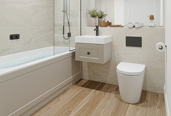 Bathroom with shower over bath, contemporary design.