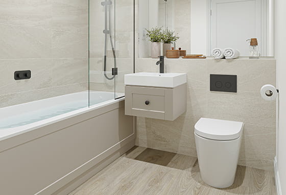 Bathroom with shower over bath, contemporary design.