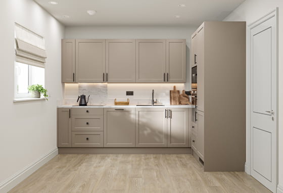 Kitchen, light brown cupboard panels and white countertops, modern appliances.