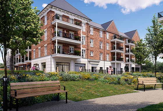 An exterior CGI image of Camellia Court at Hartland Village