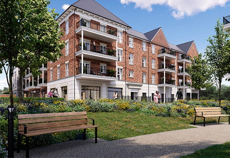An exterior CGI of the apartments building at Hartland Village