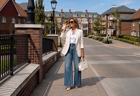 An image of a woman standing on the bridge entrance to Hartland Village