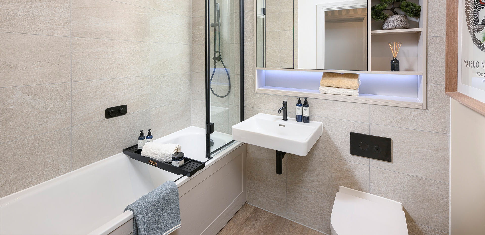 An interior Bathroom image at the 1 Bedroom Show Apartment at Hartland Village
