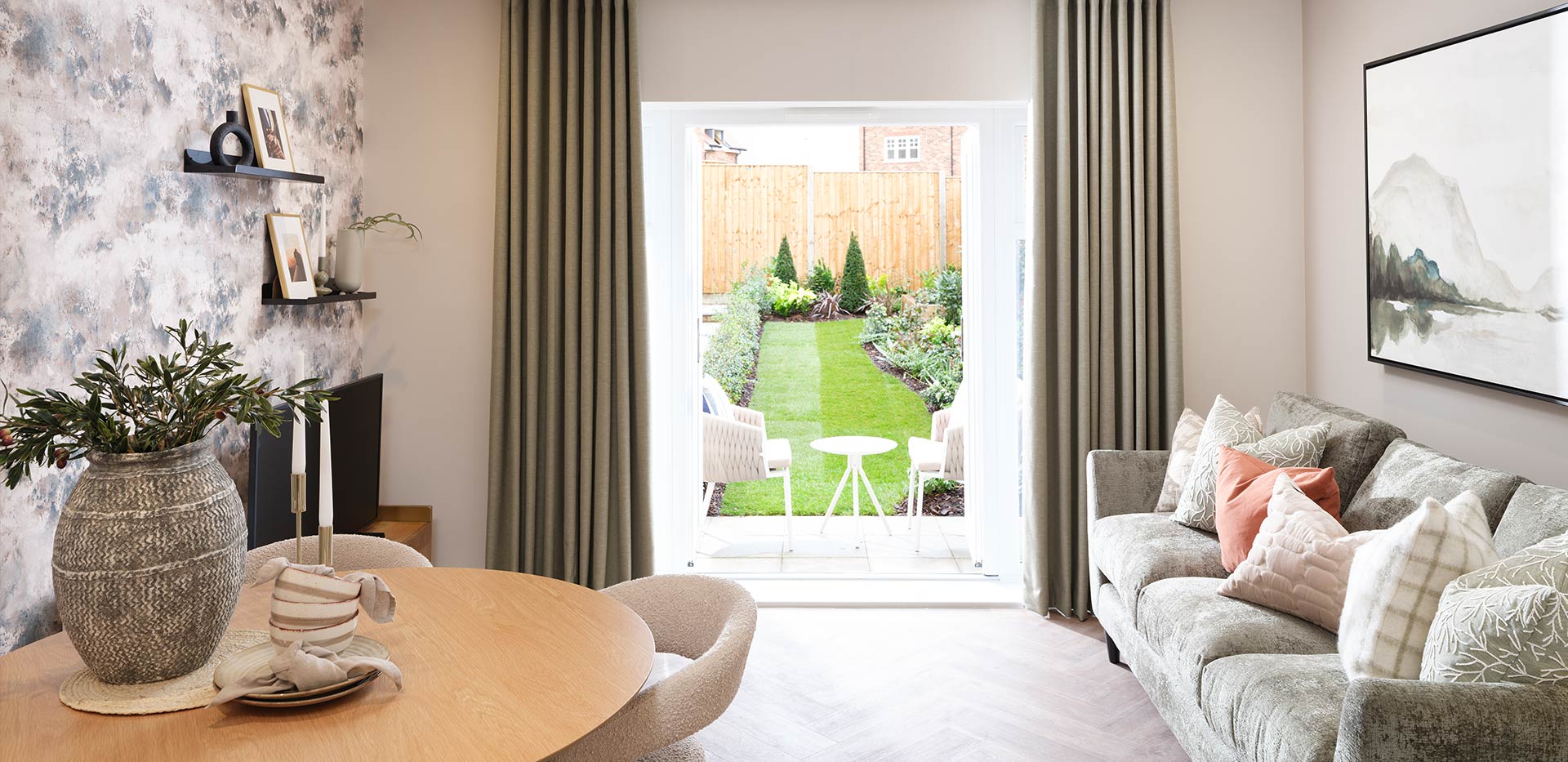 Hartland Village open living and dining area with a neutral finish