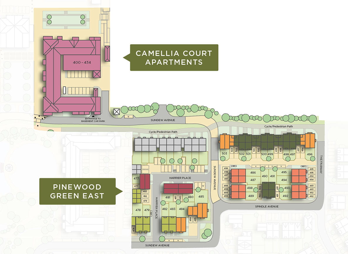 A close up site plan of Pinewood Green at Hartland Village