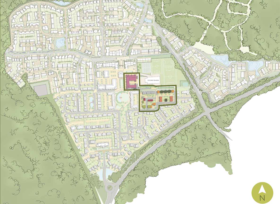 An image of the Hartland Village development highlighting Pinewood Green