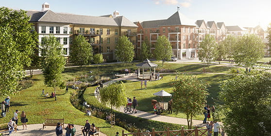 An exterior image of Hartland Village boasting green open space