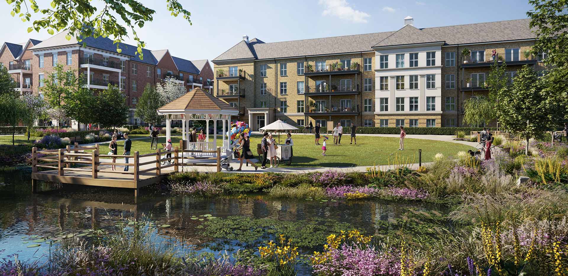 An exterior CGI of the Village Centre showing the Lake and Green Space