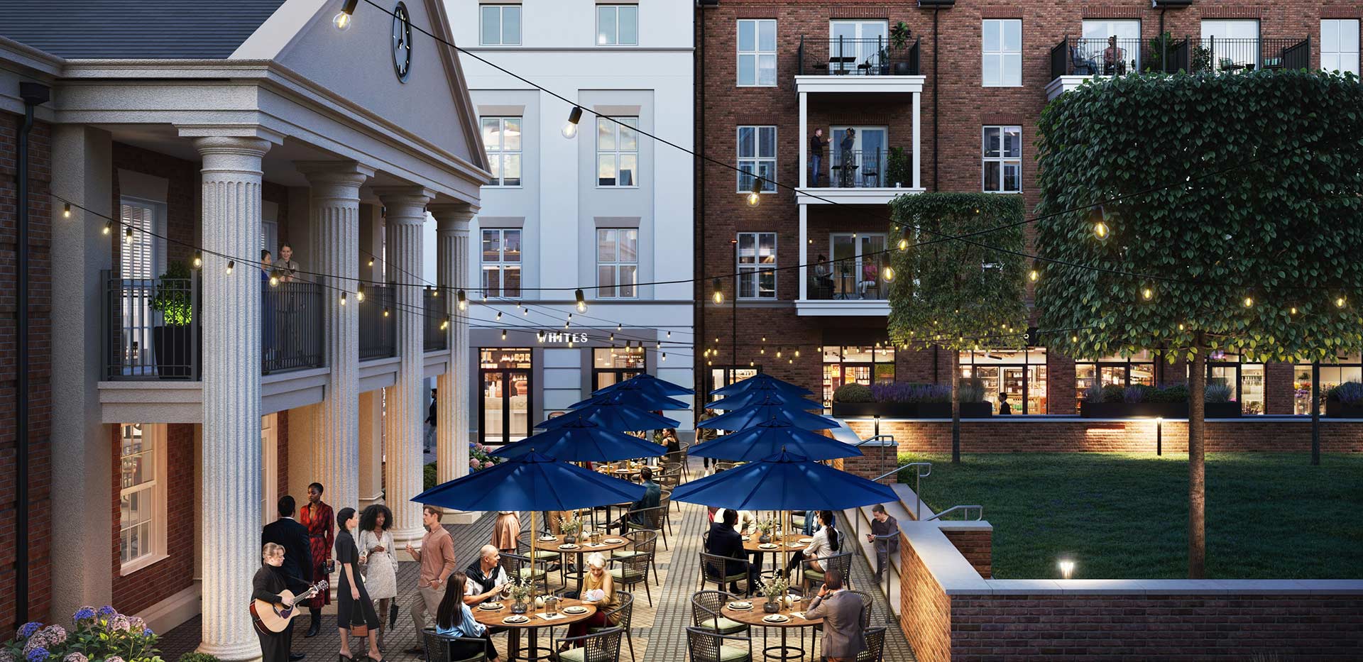 A CGI close up of the Village Centre at Dusk