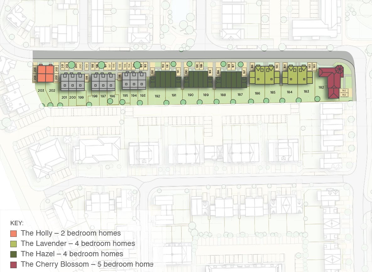 A zoomed in area of Pinewood Green at Hartland Village