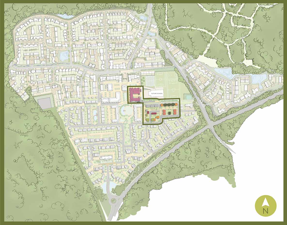 An image of the Hartland Village development site plan highlighting Pinewood Green
