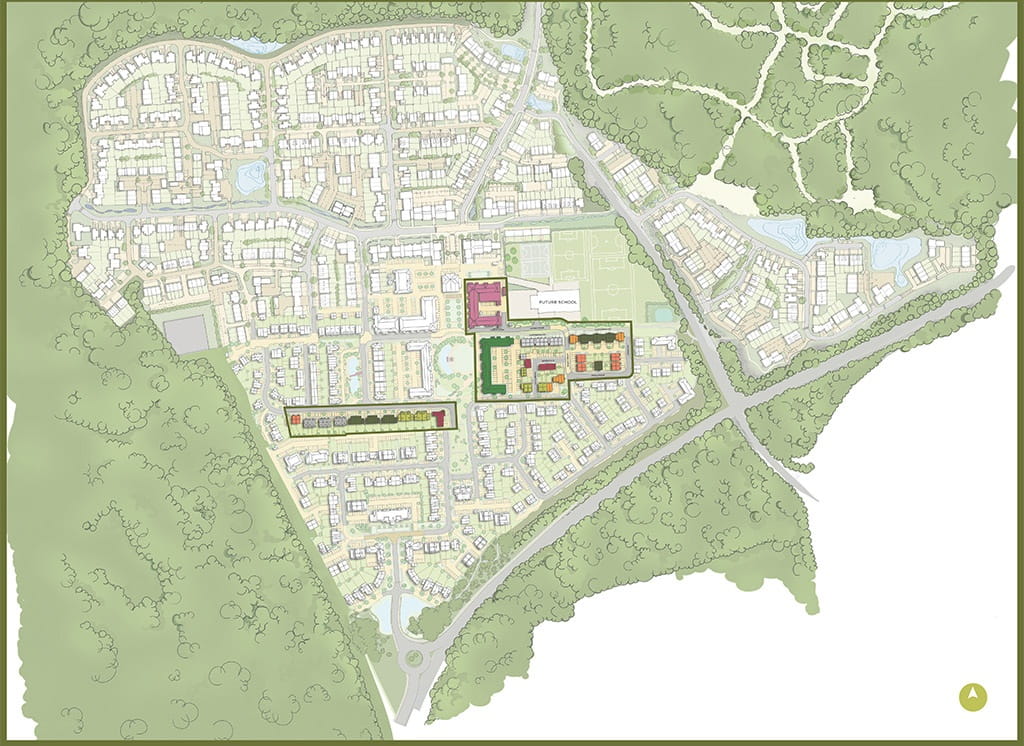 An image of the Hartland Village development site plan highlighting Pinewood Green.