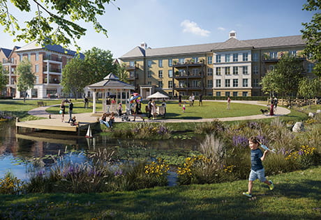 An exterior CGI of the Hartland Village Centre