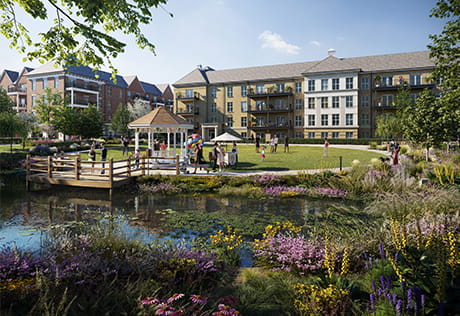 An exterior CGI of the Village Centre lake and green space