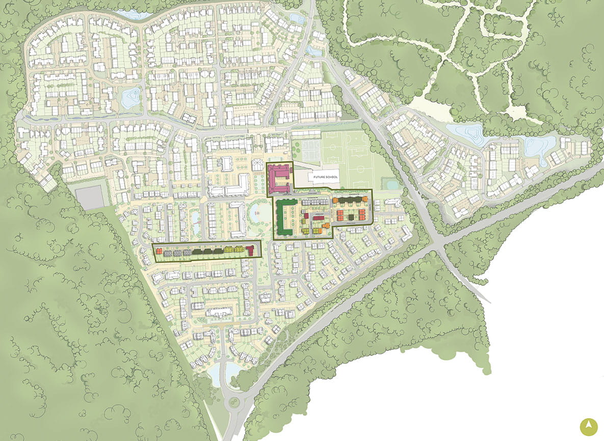 An image of the Hartland Village development plan highlighting Pinewood Green