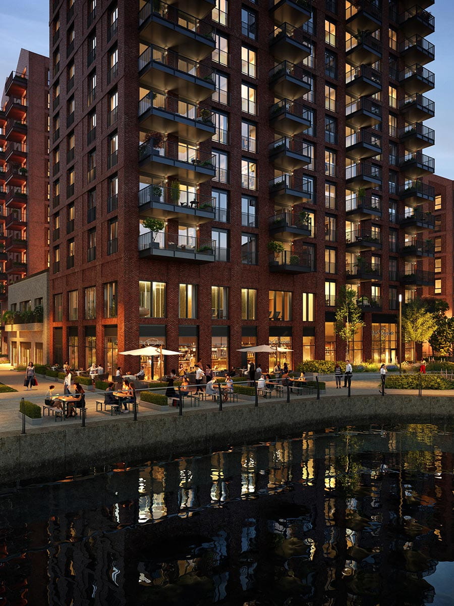 An exterior CGI of Heron Wharf at night