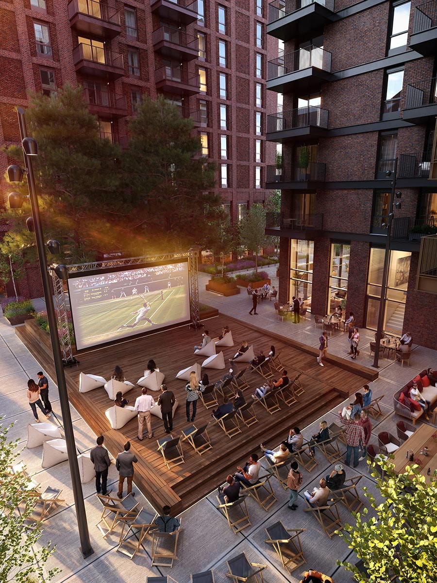 An exterior CGI of Shelduck Square at Heron Wharf at dusk