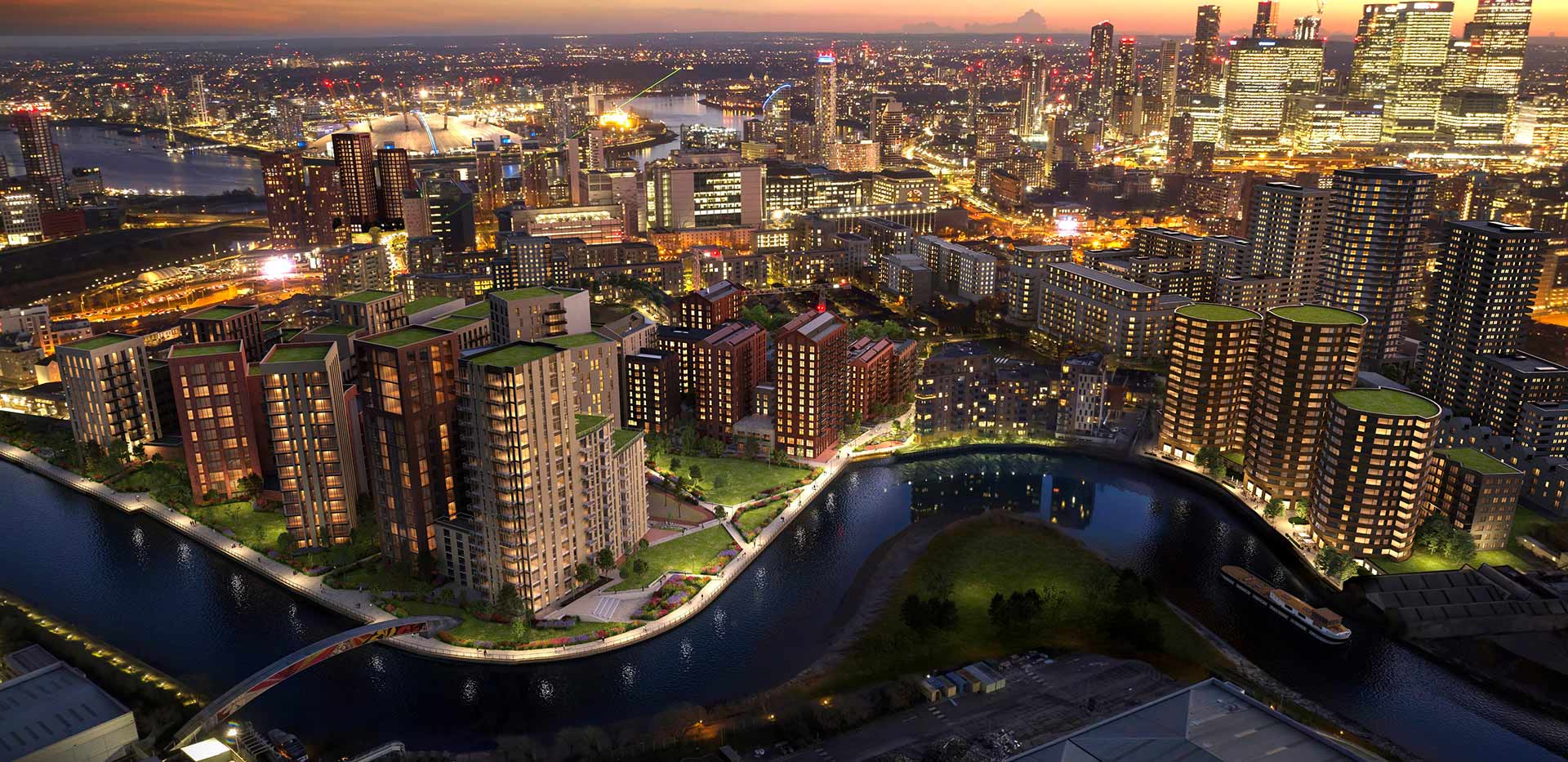 An aerial CGI of Heron Wharf at night