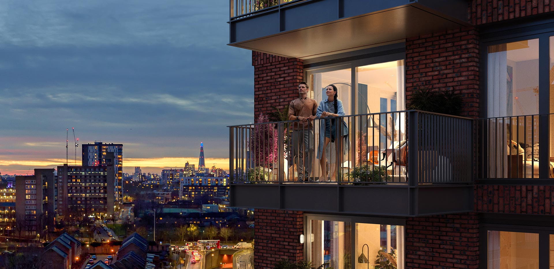 A close up CGI of Heron Wharf overlooking London