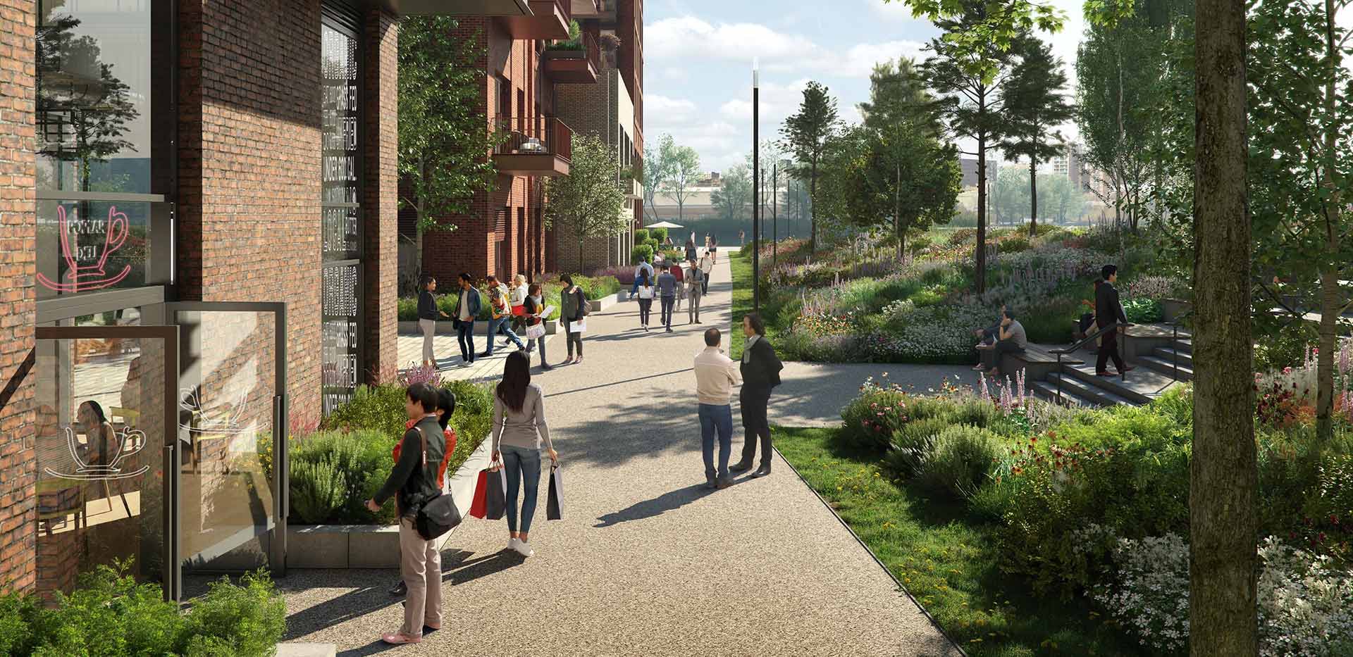 An image of the Green Space and Walkways at Heron Wharf during the day