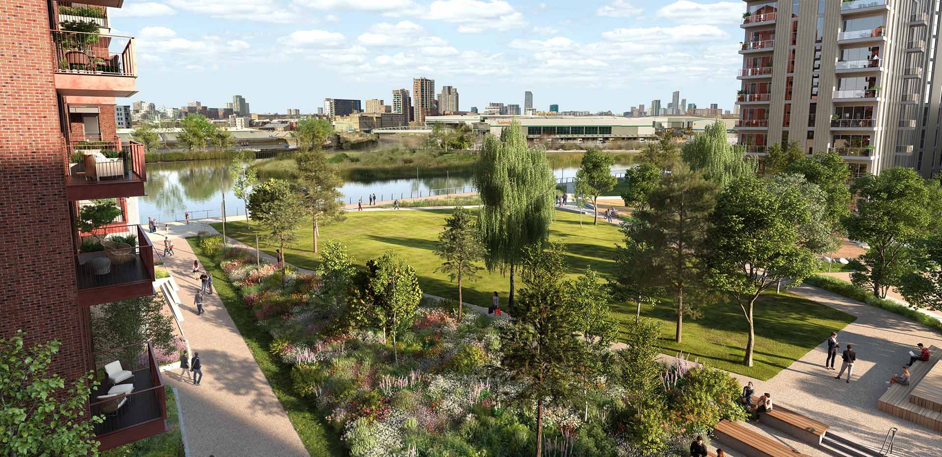 An exterior CGI of a courtyard at Heron Wharf