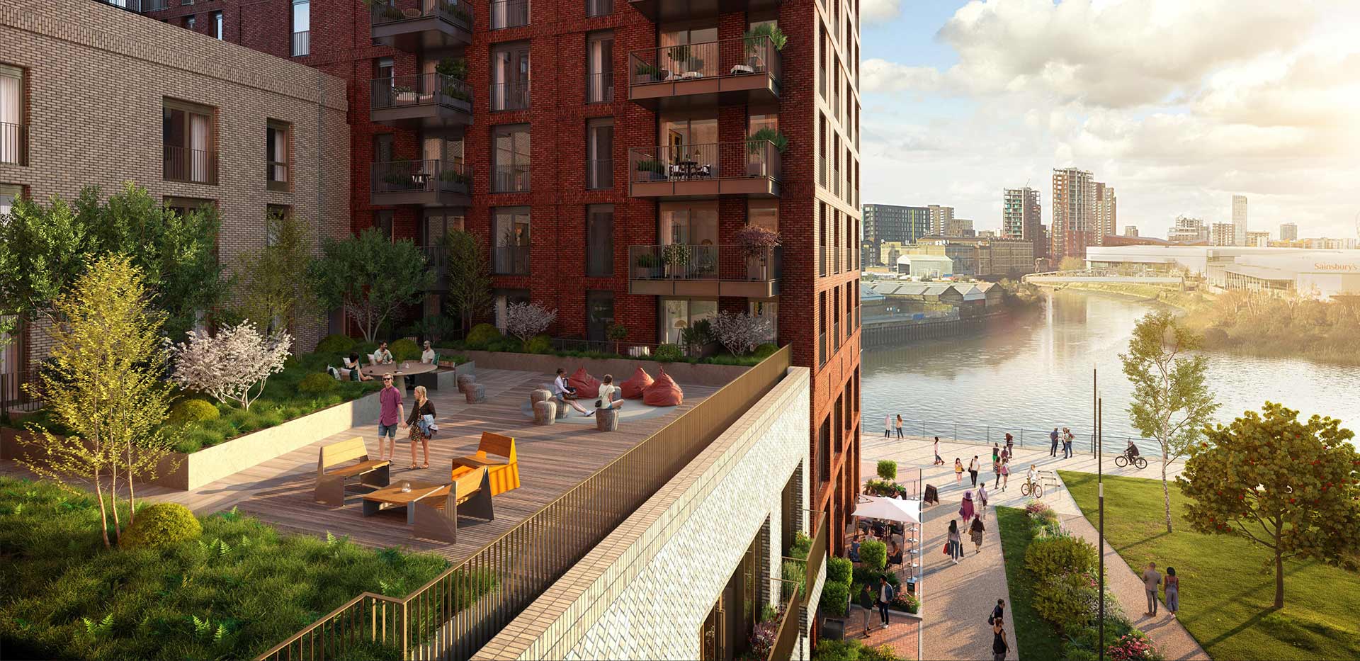 An exterior CGI image of a Terrane and courtyard at Heron Wharf
