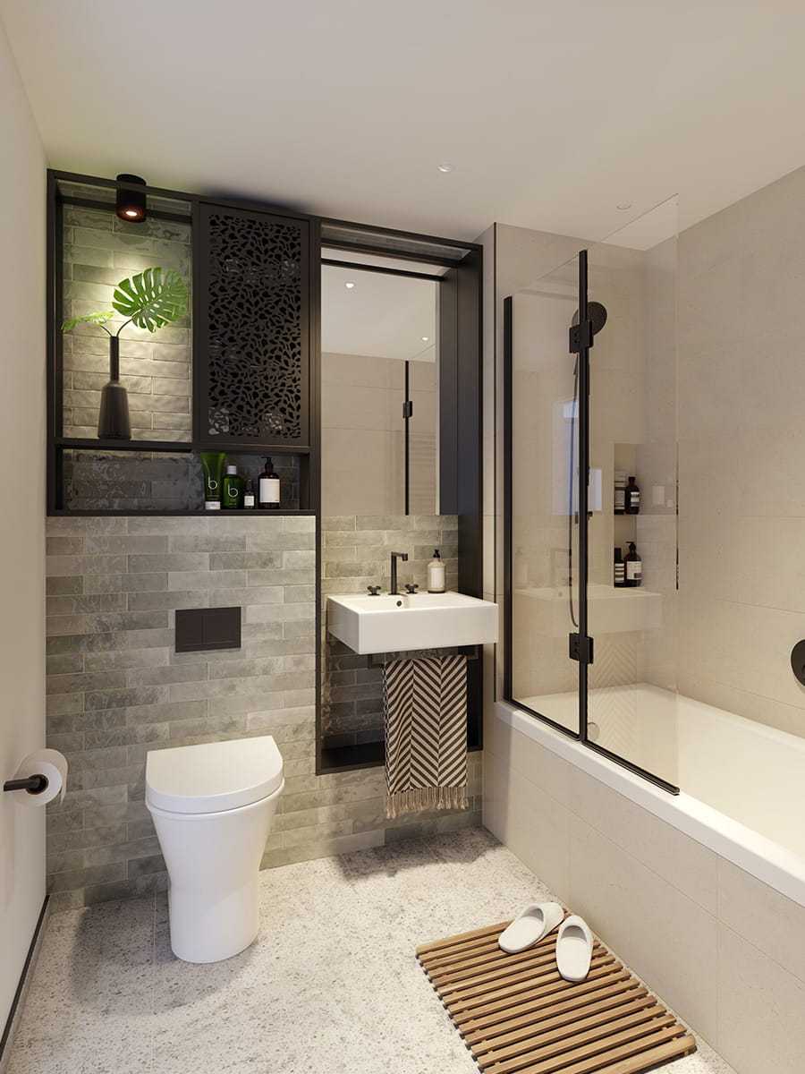 Heron Wharf bathroom with a light grey and dark green design