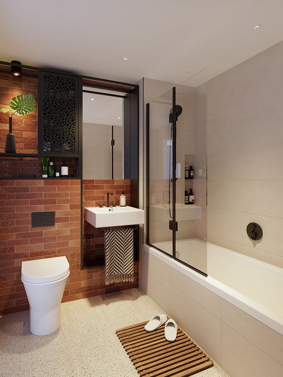 Heron Wharf bathroom with a natural, brick coloured design