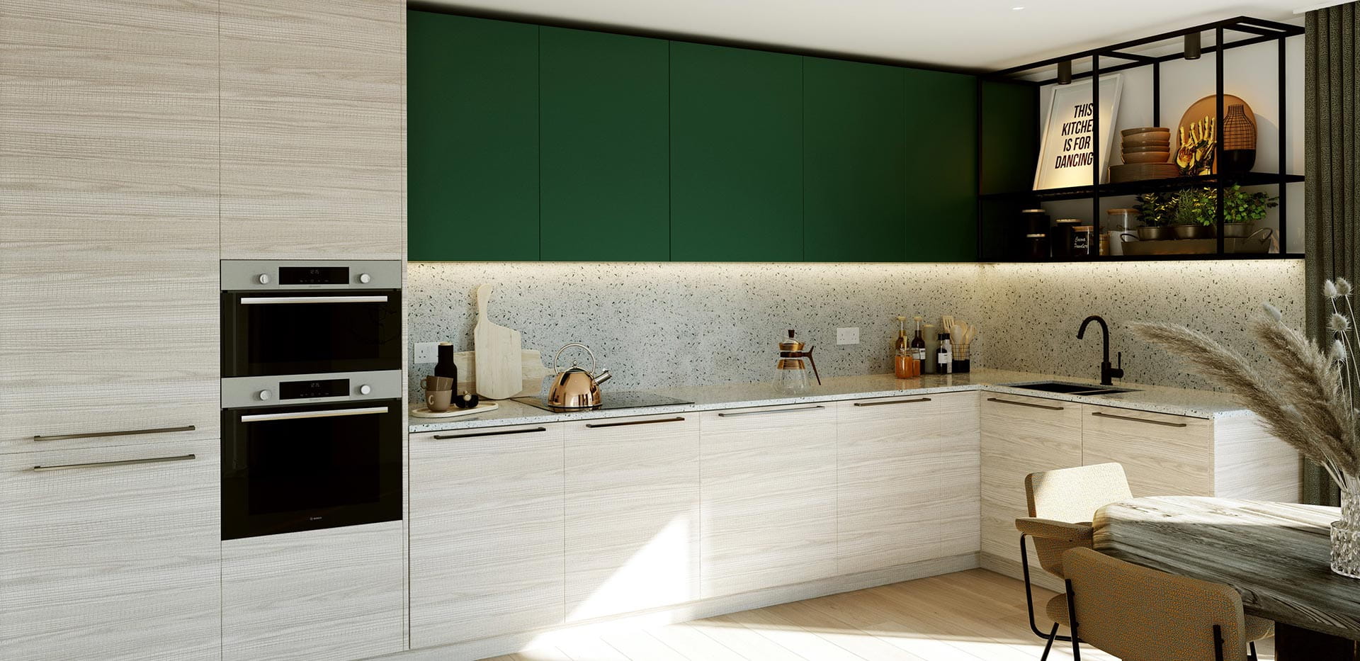 Heron Wharf kitchen with a light design with deep green elements