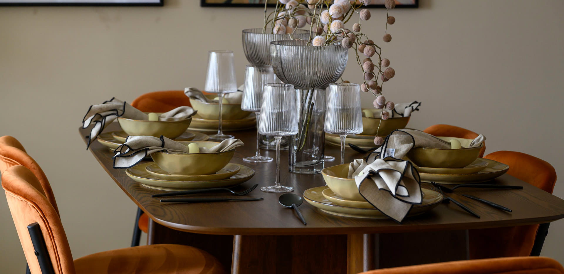 Closeup of decorated dining table.