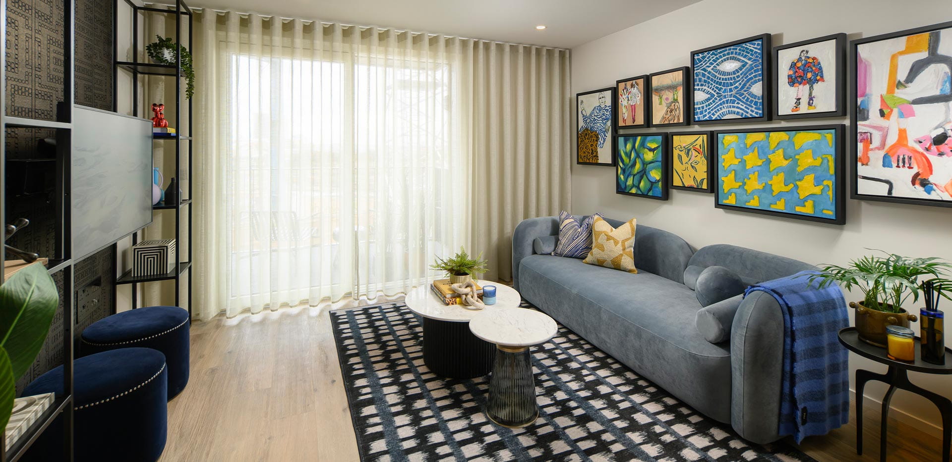 Modern designed and decorated living room dining area.