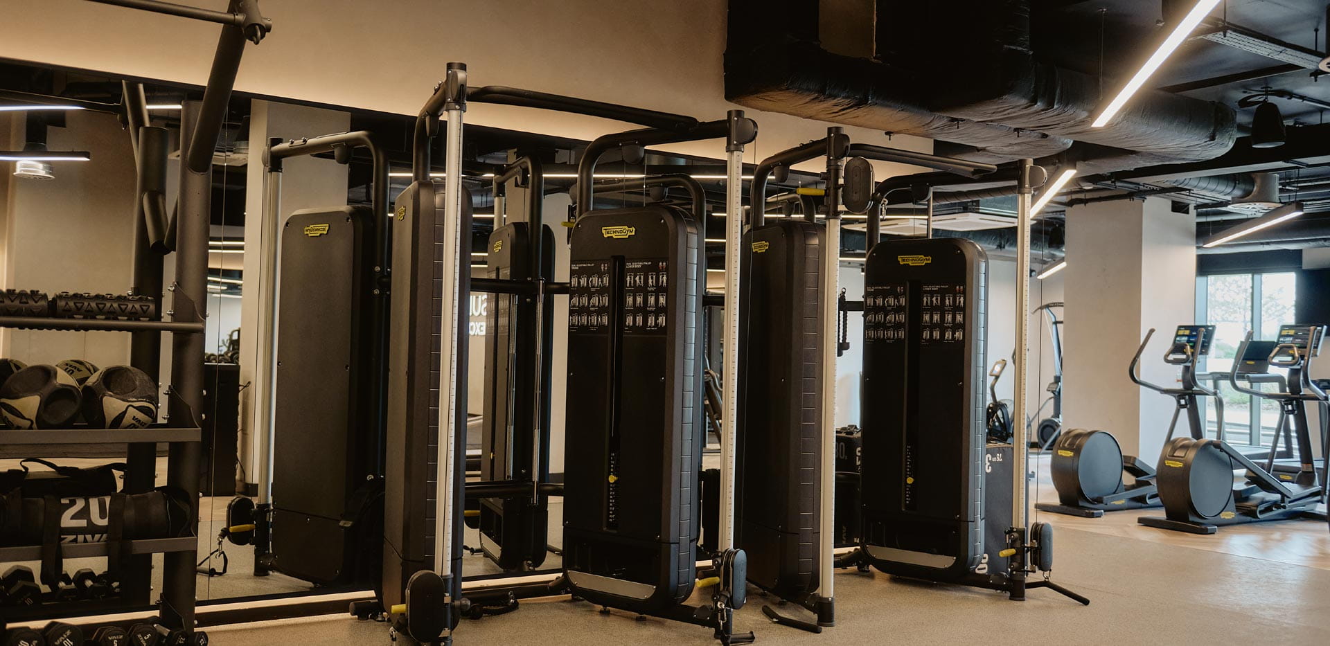 Exercise weights machines in a gym.