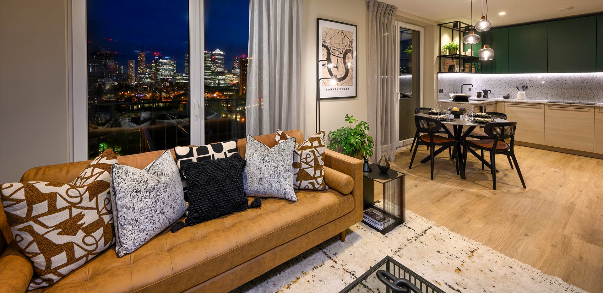 An image of a Living / Dining / Kitchen with a View over London at Heron Wharf