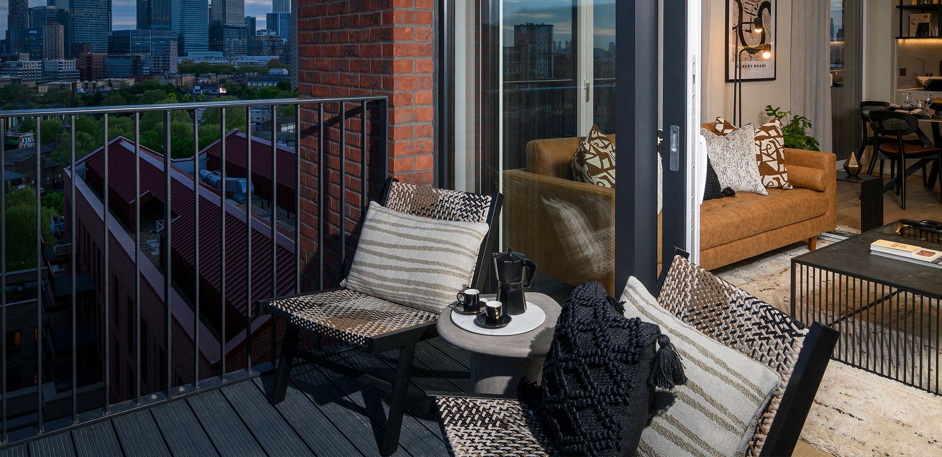 An image of a balcony at night at Heron Wharf