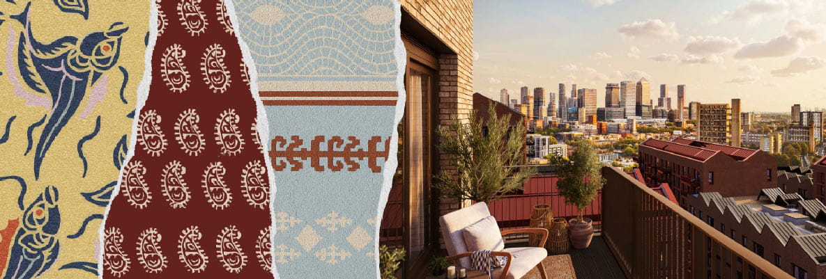 An exterior CGI view from balcony at Heron Wharf looking at the London Skyline