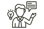 Graphic illustration of a person with quote marks and lightbulb: a metaphor for advice and assistance
